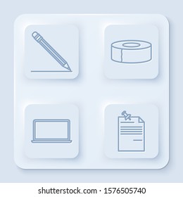 Set line Pencil with eraser and line, Scotch, Laptop and Note paper with pinned pushbutton. White square button. Vector