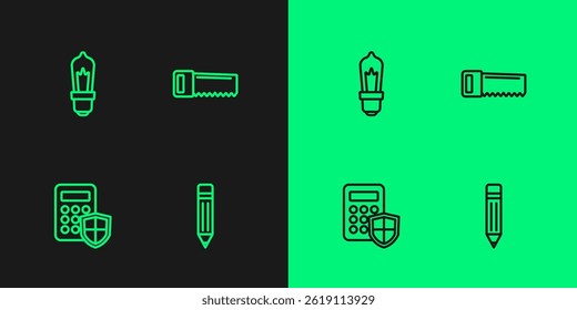 Set line Pencil with eraser, Security keypad access panel, Light bulb and Hand saw icon. Vector