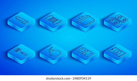 Set line Pencil with eraser, Sewing thread on spool, Cooking pot, Bomb ready to explode, Domino, Gamepad, Spatula and Online play video icon. Vector