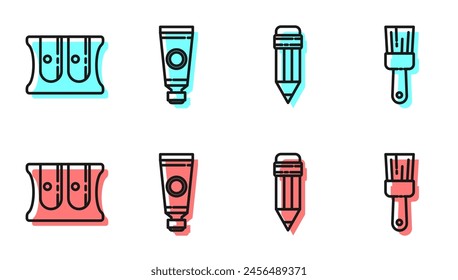 Set line Pencil with eraser, Pencil sharpener, Tube with paint palette and Paint brush icon. Vector