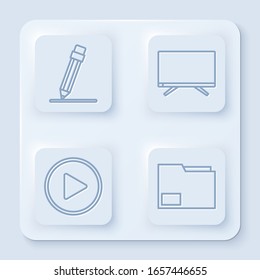 Set line Pencil with eraser, Smart Tv, Play in circle and Document folder. White square button. Vector