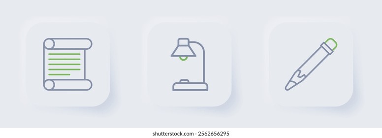 Set line Pencil with eraser, Table lamp and Decree, parchment, scroll icon. Vector