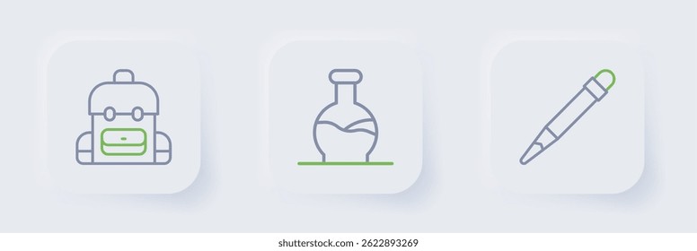 Establecer línea Lápiz con borrador, tubo de ensayo y mochila de la escuela icono. Vector