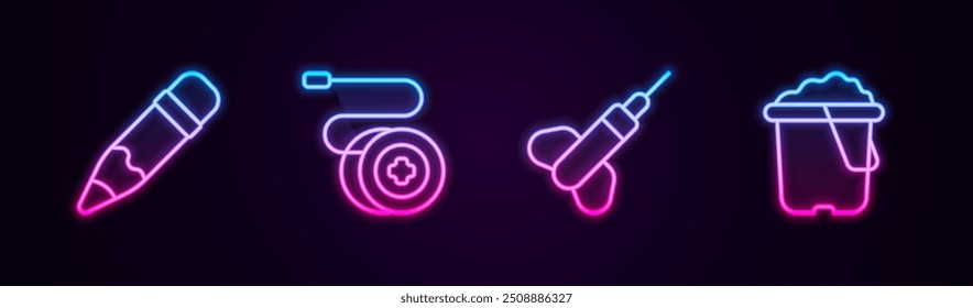 Set line Pencil with eraser, Yoyo toy, Dart arrow and Sand in bucket. Glowing neon icon. Vector