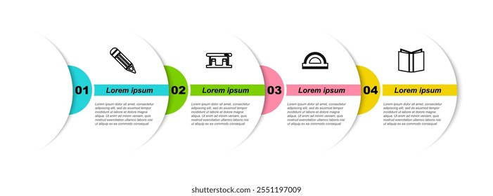 Set line Pencil, Gas filling station, Protractor grid and Open book. Business infographic template. Vector