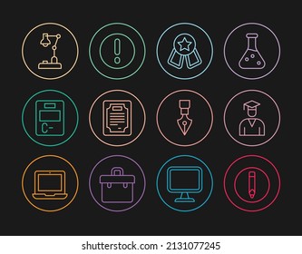 Set Line Pencil, Graduate And Graduation Cap, Medal With Star, Certificate Template, Exam Paper Incorrect Answers, Table Lamp, Fountain Pen Nib And Speech Bubble Exclamation Icon. Vector