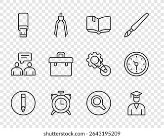 Set line Pencil, Graduate and graduation cap, Open book, Alarm clock, USB flash drive, Briefcase, Magnifying glass and Clock icon. Vector