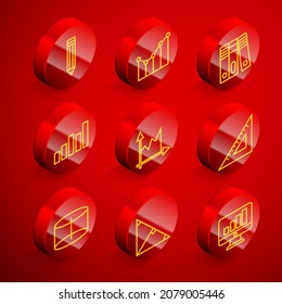 Set line Pencil, Graph, schedule, chart, diagram, Office folders, Triangular ruler, Geometric figure Cylinder and Angle bisector of triangle icon. Vector