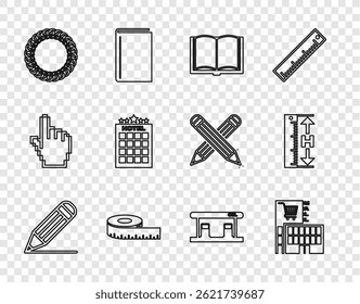 Set line Pencil and line, Mall or supermarket building, Open book, Tape measure, Laurel wreath, Hotel, Gas filling station and Measuring height length icon. Vector