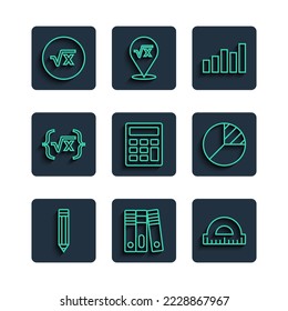 Set line Pencil, Office folders, Protractor, Graph, schedule, chart, diagram, Calculator, Square root of x glyph,  and Pie infographic icon. Vector