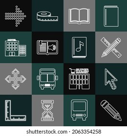 Set line Pencil, Pixel arrow cursor, Crossed ruler and pencil, Open book, Audio, Hotel building, Dots and  icon. Vector