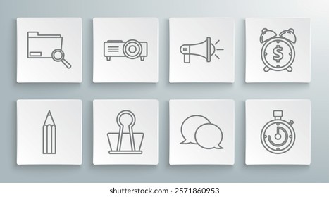 Set line Pencil, Presentation, movie, film, media projector, Binder clip, Speech bubble chat, Briefcase, Megaphone, Alarm clock with dollar symbol and Search concept folder icon. Vector