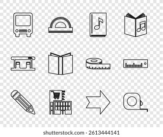 Set line Pencil, Roulette construction, Audio book, Mall or supermarket building, Bus, Open, Arrow and Ruler icon. Vector