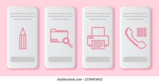 Set line Pencil, Search concept with folder, Printer and Telephone handset. White rectangle button. Vector