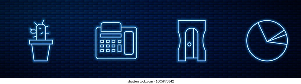 Set line Pencil sharpener, Cactus and succulent in pot, Telephone and Pie chart infographic. Glowing neon icon on brick wall. Vector