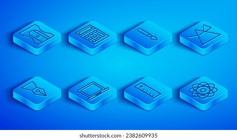 Fijar línea Afilador de lápiz, Calculadora, Pincel de pintura, Portátil, Regla, Prima de rayos de luz, Nib de fuente e icono Átomo. Vector