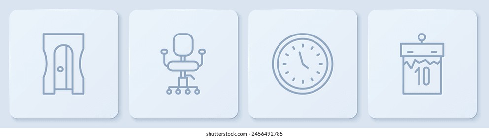 Set line Pencil sharpener, Clock, Office chair and Calendar. White square button. Vector