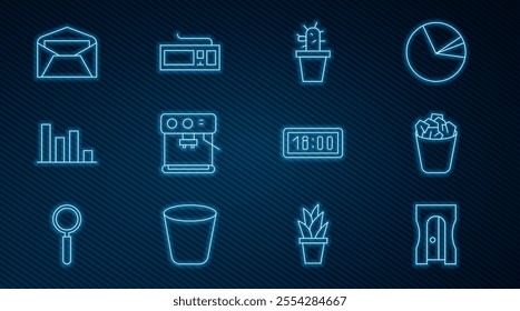 Set line Pencil sharpener, Full trash can, Cactus and succulent in pot, Coffee machine, Pie chart infographic, Envelope, Digital alarm clock and Keyboard icon. Vector