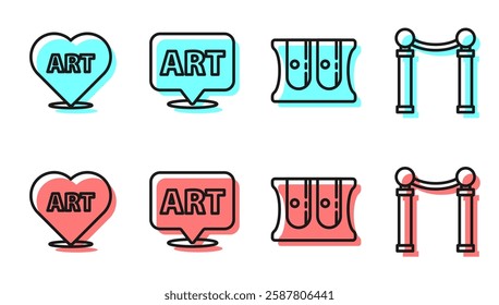 Set line Pencil sharpener, Heart with text art, Speech bubble with text art and Exhibition of paintings icon. Vector