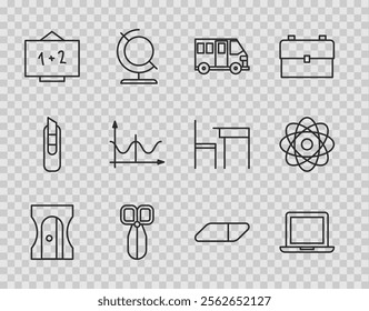 Set line Pencil sharpener, Laptop, School Bus, Scissors, Chalkboard, Graph, schedule, chart, diagram, Eraser rubber and Atom icon. Vector