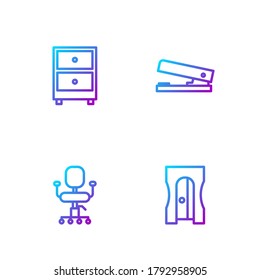Set line Pencil sharpener, Office chair, Drawer with documents and stapler. Gradient color icons. Vector