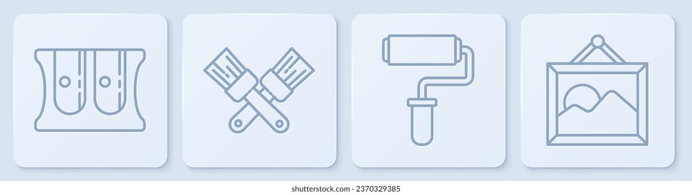 Set line Pencil sharpener, Paint roller brush, Crossed paint brush and Picture landscape. White square button. Vector