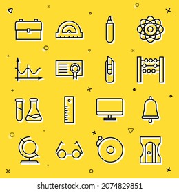 Set line Pencil sharpener, Ringing bell, Abacus, Marker, Certificate template, Graph, schedule, chart, diagram, School backpack and Stationery knife icon. Vector