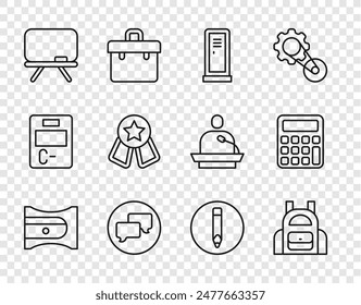 Set line Pencil sharpener, School backpack, Locker or changing room, Speech bubble chat, Chalkboard, Medal with star,  and Calculator icon. Vector