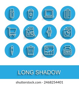 Set line Pencil, Trash can, USB flash drive, Graph chart infographic, Inkwell, Document with,  and Wrist watch icon. Vector