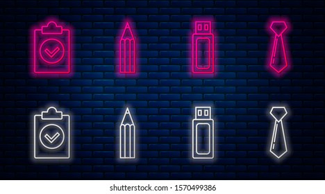 Set line Pencil, USB flash drive, Completed task and Tie. Glowing neon icon on brick wall. Vector