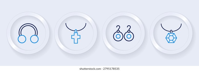 Set line Pendant on necklace, Earrings, Christian cross chain and Piercing icon. Vector