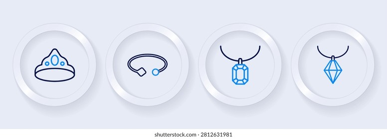 Set line Pendant on necklace, Bracelet jewelry and King crown icon. Vector