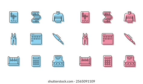 Set line Pendulum, Calculator, Crossword, Waistcoat, Binary code, Fountain pen nib, Pants with suspenders and Book icon. Vector