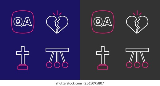 Set line Pendulum, Graves funeral sorrow, Broken heart divorce and Question and Answer icon. Vector