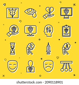 Legen Sie die Zeile Pendulum, Man Graves Beerdigung Trauer, Psychologie, Psi, Zerbrochene Herz Scheidung, Rorschach Test und Lösung des Problems Symbol. Vektorgrafik