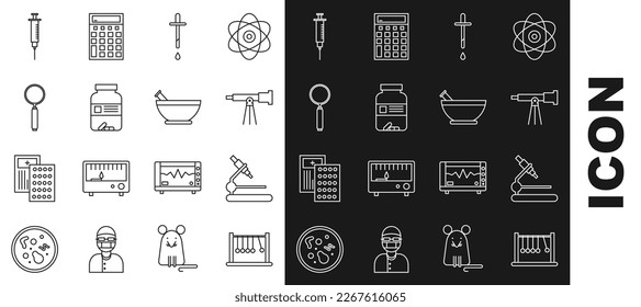 Set line Pendulum, Microscope, Telescope, Pipette, Medicine bottle and pills, Magnifying glass, Syringe and Mortar pestle icon. Vector