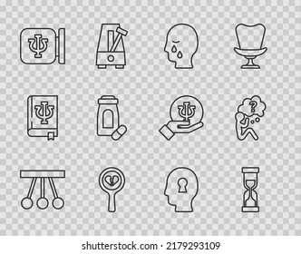 Set line Pendulum, Old hourglass, Man graves funeral sorrow, Broken heart divorce, Psychology, Psi, Sedative pills, Solution to the problem and Head with question mark icon. Vector