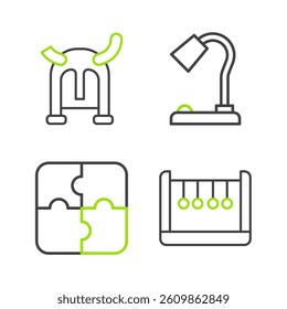 Set line Pendulum, Piece of puzzle, Table lamp and Viking in horned helmet icon. Vector