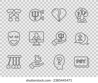 Set line Pendulum, Psychology, Psi, Broken heart or divorce, Solution to the problem, Question mark, Psychologist online, Head with question and Graves funeral sorrow icon. Vector