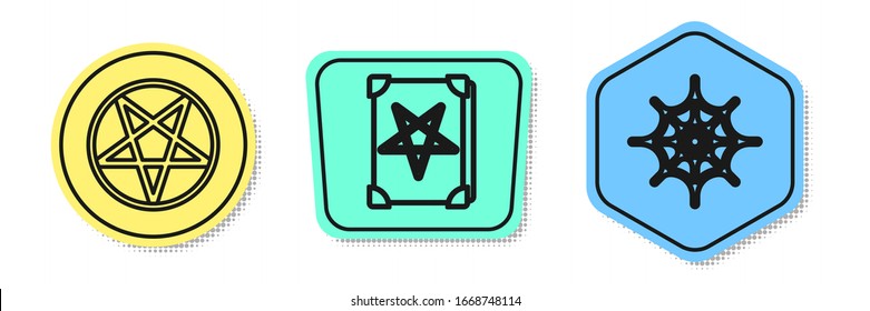 Set line Pentagram in a circle, Ancient magic book and Spider web. Colored shapes. Vector