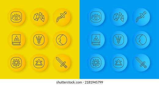 Legen Sie die Linie Pentagram in einen Kreis, antikes Zauberbuch, Neptun Planet, mittelalterliches Schwert, Mond, Masons, Dagger und Magic Stein Symbol. Vektorgrafik