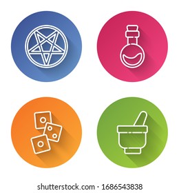 Set line Pentagram in a circle, Bottle with love potion, Game dice and Magic mortar and pestle. Color circle button. Vector