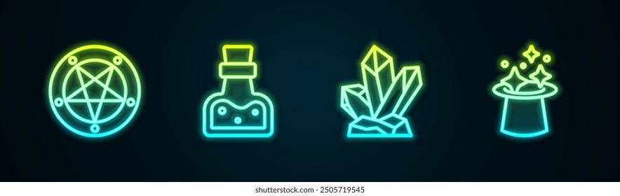 Set línea Pentagrama en un círculo, Botella con poción, Piedra mágica y sombrero. Icono de neón brillante. Vector