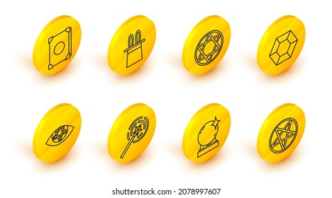 Set line Pentagram in a circle, Magic ball, wand, stone, Star of David, Magician hat rabbit ears and Ancient magic book icon. Vector