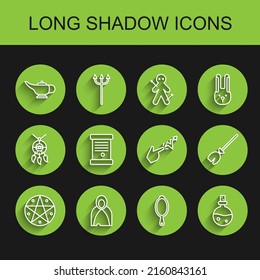 Set line Pentagram in a circle, Mantle, cloak, cape, Magic lamp or Aladdin, hand mirror, Bottle with love potion, Decree, paper, parchment, scroll, Witches broom and Spell icon. Vector