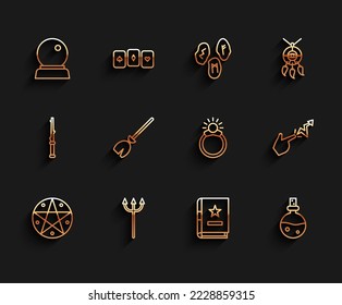 Set line Pentagram in a circle, Neptune Trident, Magic ball, Ancient magic book, Bottle with love potion, Witches broom, Spell and stone ring gem icon. Vector