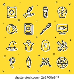Set line Pentagram in a circle, Old magic key, Magic stone, Bottle with potion, Tarot cards, Moon and stars, Ancient book and staff icon. Vector