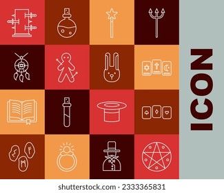 Set line Pentagram in a circle, Playing cards, Three tarot, Magic wand, Voodoo doll, Dream catcher with feathers, Trunk for magic tricks and Rabbit ears icon. Vector