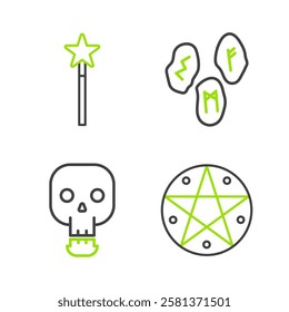 Set line Pentagram in a circle, Skull, Magic runes and wand icon. Vector