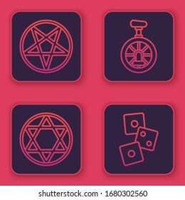 Set line Pentagram in a circle, Star of David, Unicycle or one wheel bicycle and Game dice. Blue square button. Vector